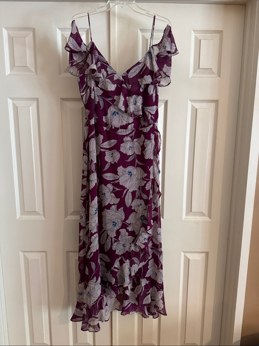 London Times Floral Ruffle High Low Cold Shoulder Slip Dress in Plum